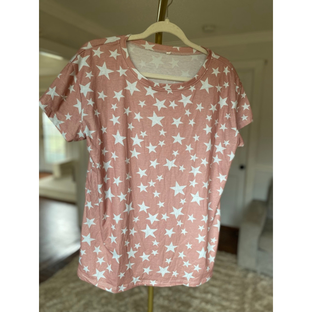 Pink Star Print Short Sleeve Tee L Comfy Casual Lounge Soft Girl Relaxed Basic L - Picture 2 of 5